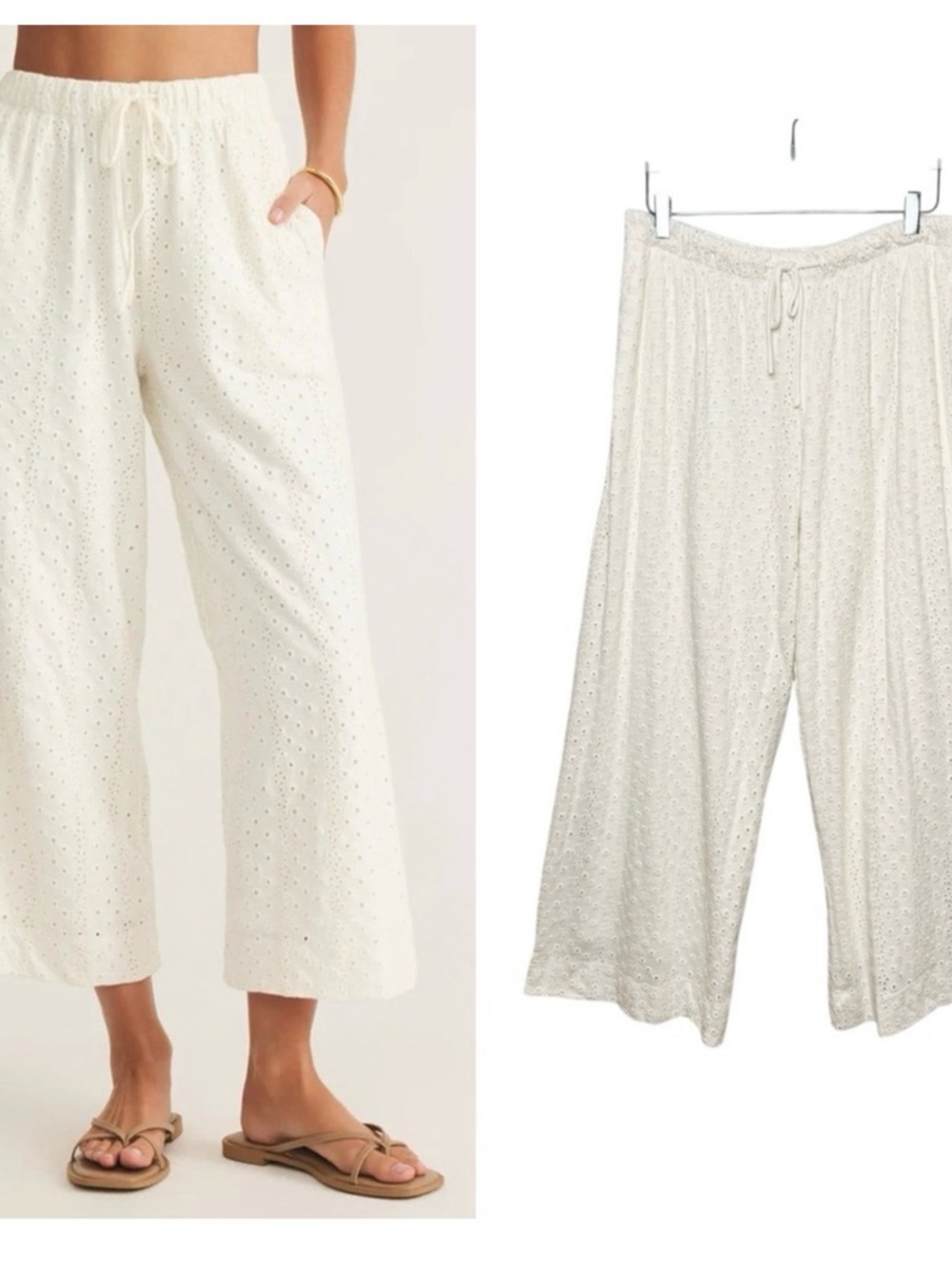 NWT Z Supply Ivory Cream Romi Knit Eyelet Women’s Drawstring Wide Leg Pants Sz L